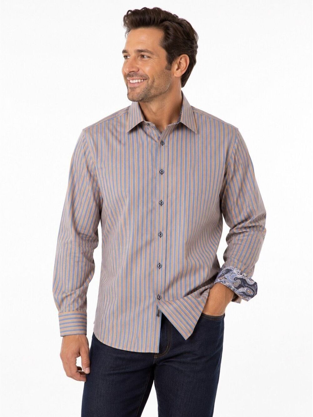 Robert Graham Men's Button Up Blue Gold Stripe Shirt Paisley Size Xlarge Preppy